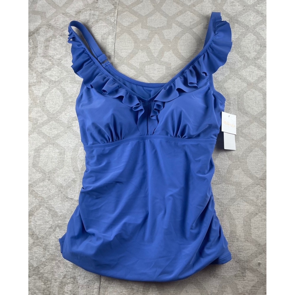 Raisins Curve Andressa Women 16W Blue Ruffle V-Neck Tankini Top N840018 New